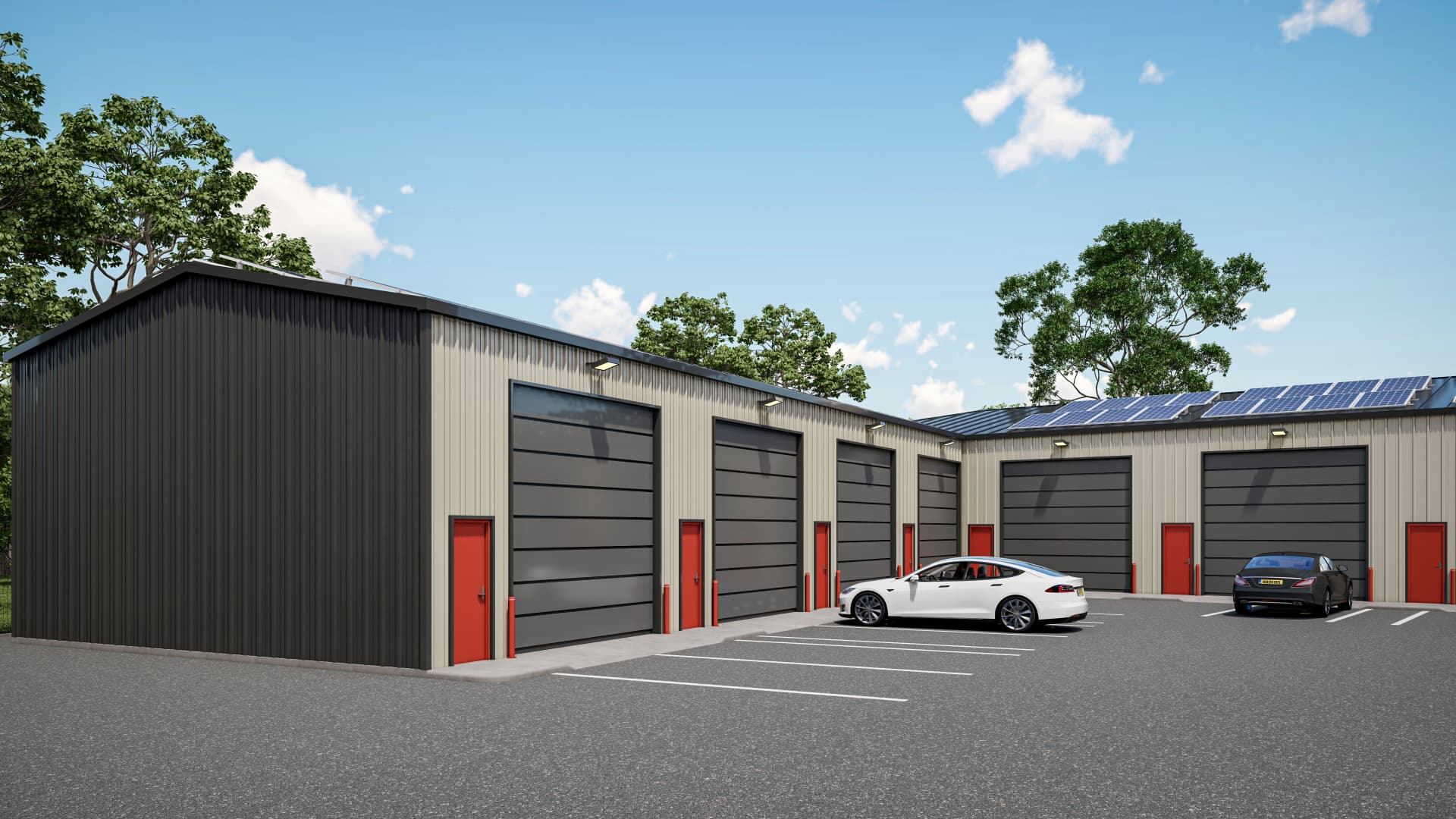 Unit block with dark cladding and red personnel doors