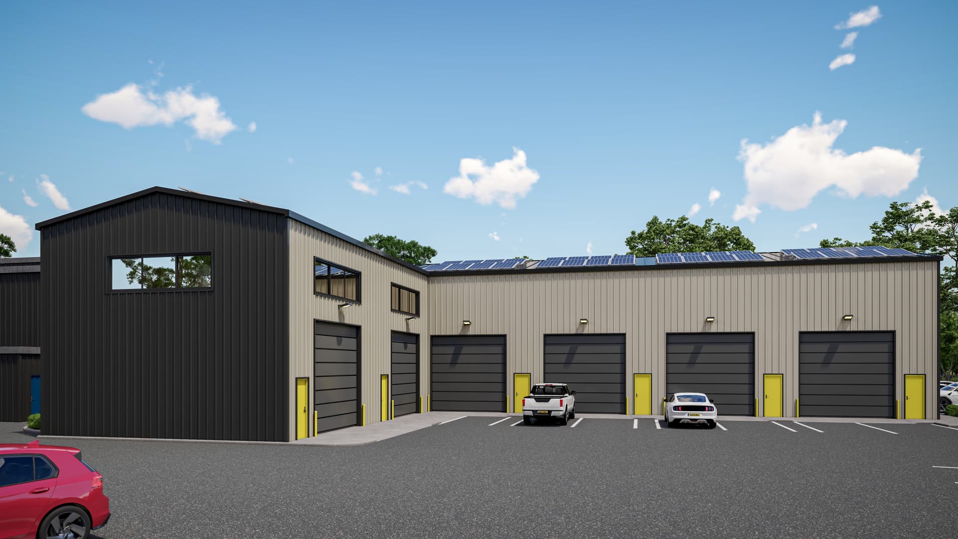 L-shaped unit block with yellow personnel doors